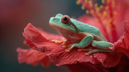 Green tree frog sits peacefully on vibrant red hibiscus flower, droplets of water glistening on its skin, a scene of serenity and tropical beauty