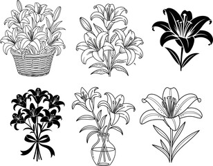 Elegant Floral Arrangements and Single Lily Illustrations for Diverse Design Applications