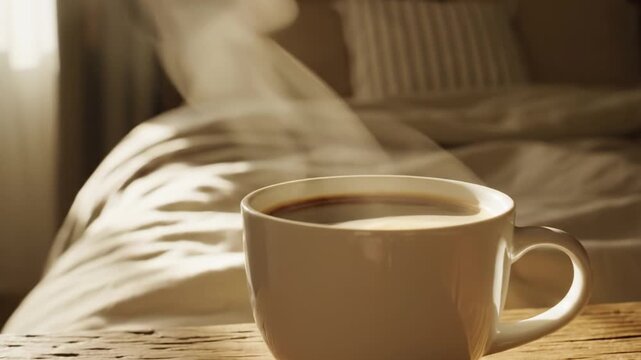 A steaming mug of coffee on a wooden table with a sunlit bed in the background. This cozy scene evokes warmth and relaxation. Perfect for lifestyle blogs or morning routine content.
