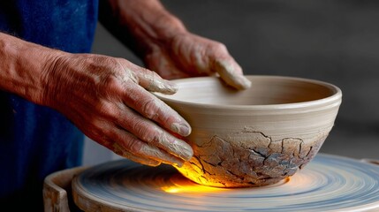A man is making a bowl on a potter's wheel. The bowl is still wet and has a rough texture. The man's hands are covered in clay, and he is focused on his work