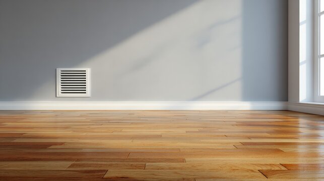 Bright and Inviting Empty Room with Wooden Floor and Air Vent Against a Light Grey Wall, Ideal for Interior Design and Renovation Projects