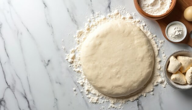 Raw pizza dough rests on a marble surface near bowls of flour and butter pieces. Preparation for baking traditional Italian meal with ingredients ready for cooking. White space for text.