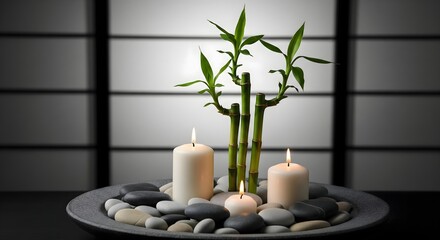 Zen still life with bamboo stalks, candles, and pebbles.