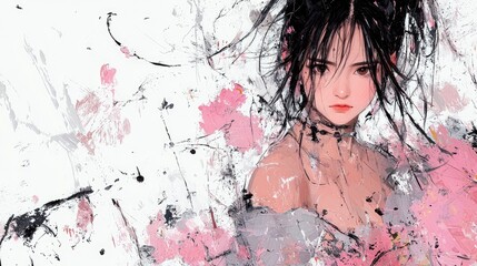 A close-up portrait of a young woman with dark, messy hair and a thoughtful expression, set against a background of abstract paint splatters in pink, black, and