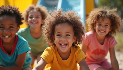 Fototapeta premium Happy multiracial kids laugh outdoors on playground sunny day. Children enjoy playtime on slide, sand. Friends share joy, fun time together.