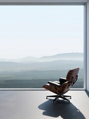 A modern leather lounge chair sits in a minimalist room with a large window overlooking a serene mountain landscape.