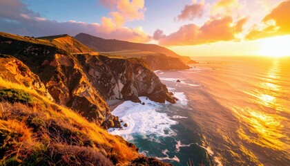 A breathtaking sunset illuminates the rugged, golden-hued cliffs and crashing ocean waves along a dramatic coastline.