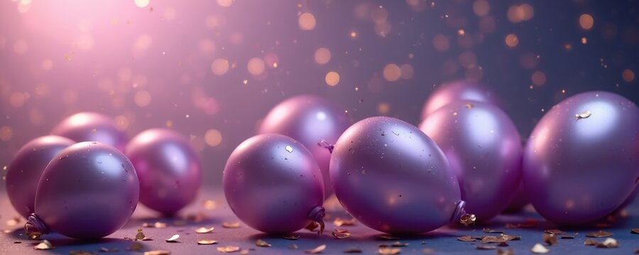 Purple balloons float with gold confetti scattered around. Soft glowing lights create a dreamy, festive atmosphere. A celebration or party vibe for birthdays, holidays, or special events. - Powered by Adobe