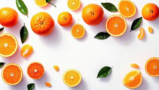 A vibrant arrangement of whole and sliced oranges, along with green leaves, is scattered across a clean white surface.