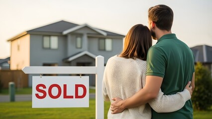 A Couple Embraces While Looking at Their New Home with a Sold Sign in the Yard