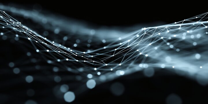 Abstract data network connection with glowing nodes and wavy lines.