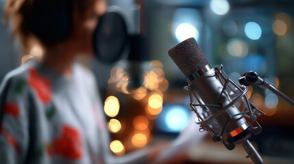 Soft bokeh faceless image with the woman out of focus, microphone and script in partial blur, atmospheric studio glow, with copy space