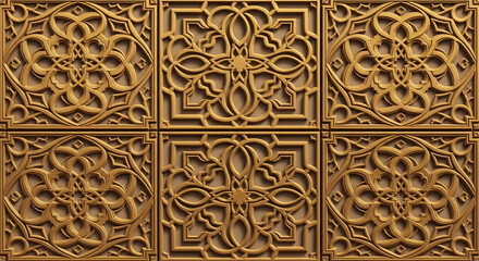 Intricate golden geometric pattern with repeating square motifs and floral elements, evoking traditional Islamic art and architecture.