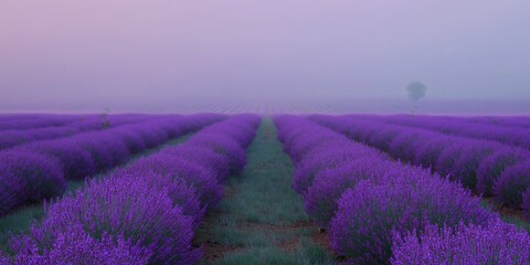 Obraz premium Lavender fields stretch into the horizon under a dreamy, hazy sky.