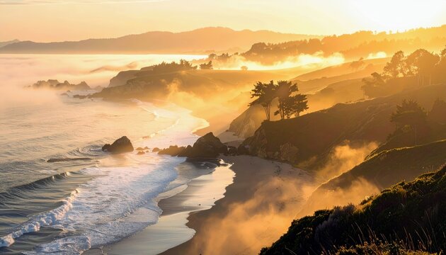 A serene coastal landscape bathed in the warm glow of sunrise or sunset, with fog obscuring the distant horizon and waves gently lapping the shore.