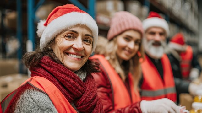 Cheerful volunteers wearing Santa hats and vests distribute food and gifts in a warehouse during the festive holiday season, showcasing community spirit and joy.