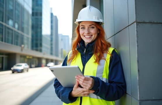 Smiling woman architect in white hard hat and safety vest holds tablet. Female construction engineer uses digital device outdoors near modern buildings. Blue collar worker checks project on screen.