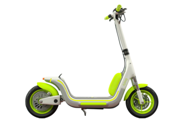 Side view of a modern electric scooter with a white and neon-green color scheme, against a black background