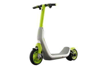 Modern, sleek electric scooter design. Two wheels, vibrant green accents, grey frame, and black tires