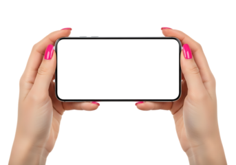 Woman's hands holding a modern smartphone horizontally with a blank white screen isolated on a transparent background 1