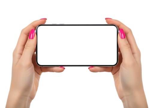 Woman's hands holding a modern smartphone horizontally with a blank white screen isolated on a transparent background 1 - Powered by Adobe