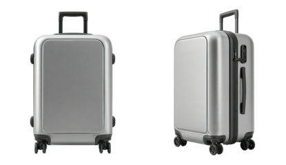 Two perspectives of a rectangular silver suitcase with black wheels, handle, and accents