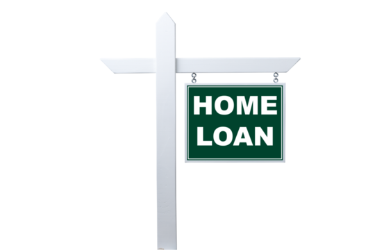 Home loan sign on white post for real estate financing options