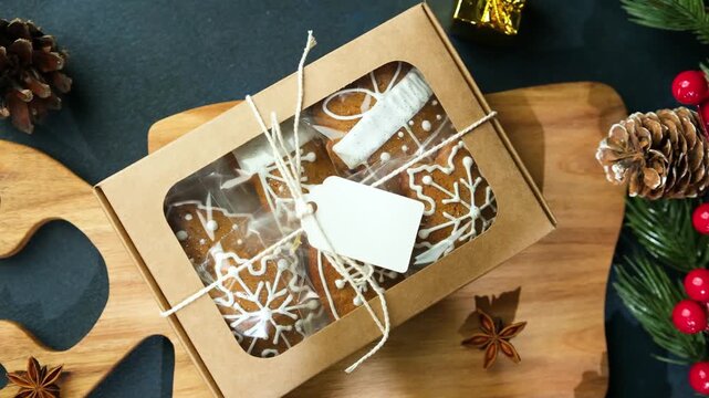 Christmas cookies in gift box with festive decorations and pine cones