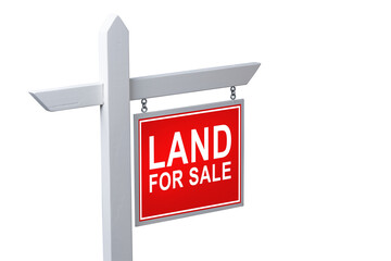 Land for sale sign on a white post isolated on a transparent background