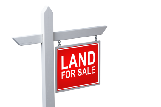 Land for sale sign on a white post isolated on a transparent background