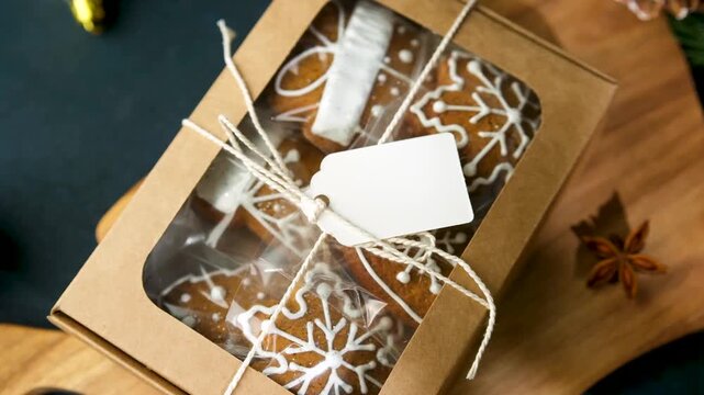 Gingerbread cookies with icing decorations in gift box tied with twine on wooden board, simple holiday treat