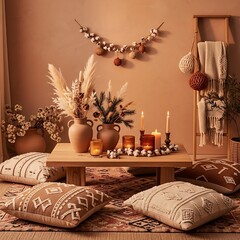 Cozy living room with floor cushions, vases, candles, and a cotton garland, creating a warm and inviting atmosphere.