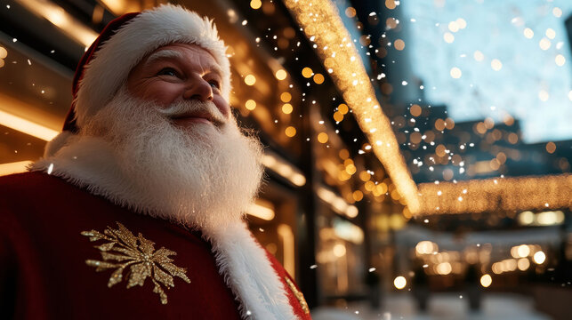 In a vibrant holiday atmosphere, Santa gazes thoughtfully, surrounded by festive decorations and soft falling snow, capturing the essence of the spirit of Christmas.