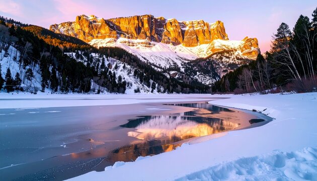 A majestic mountain range bathed in the warm glow of sunrise or sunset, with snow-capped peaks and a partially frozen lake reflecting the vibrant sky.