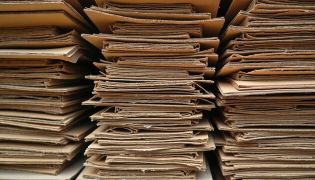 Stacks of flattened cardboard boxes await recycling. Brown paper material is piled neatly. These recycled paper products reduce waste, promote eco friendly practices. Cardboard is prepared for reuse.