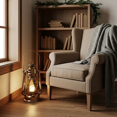 Cozy reading nook with armchair, bookshelf, and lantern by the window.