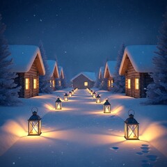 Snowy Village at Night with Lanterns.