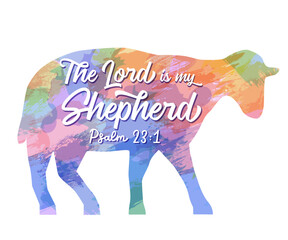 The Lord is my shepherd, t-shirt design with watercolor sheep. Psalm 23:1, inspiration scripture for child merch or youth clothes. Vector illustration