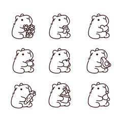 Hand-Drawn Capybara Line Art Icon Set &ndash; Cute Animal Vector Illustrations for Stickers, Merch and Kawaii Designs