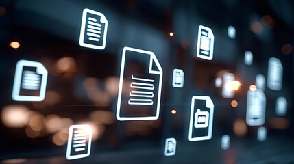 Digital document file icons floating and transferring data on a dark abstract background with glowing lights, symbolizing information management, cloud storage, and secure data sharing