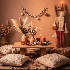Cozy autumn interior with cushions, candles, and decorative elements, creating a warm and inviting atmosphere.