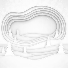 A layered paper cut winter landscape with white trees and falling snow, creating a serene and minimalist scene perfect for holiday designs.