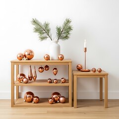 Shiny copper Christmas ornaments and festive decorations displayed on wooden tables.