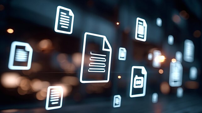 Digital document file icons floating and transferring data on a dark abstract background with glowing lights, symbolizing information management, cloud storage, and secure data sharing - Powered by Adobe