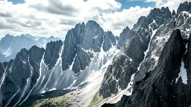 Dramatic mountain range with sharp peaks and snow patches under a cloudy sky