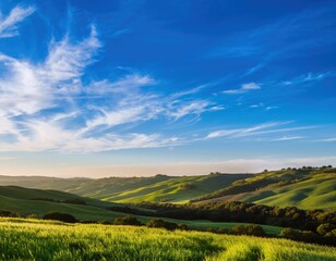 Obraz premium Serene Vast Landscape of Rolling Hills Under a Bright Blue Sky