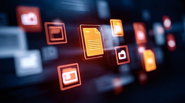 Digital files, documents, and folders moving electronically through an abstract dark network space, representing data transfer, cloud computing, and information management concepts