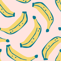 Abstract banana drawing seamless pattern. Tropical fruits background. Vector illustration for kitchen wallpaper, health care products, fabric, textile design
