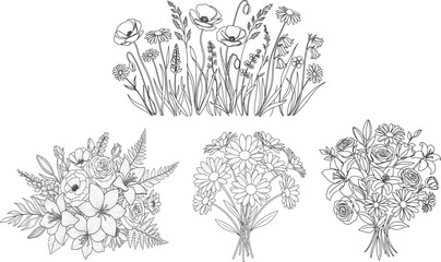 Art & IllustrationBlack and white floral bouquet line art illustration with roses, lilies, daisies, wildflowers, botanical sketch for coloring and design