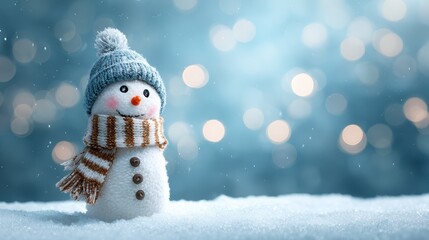 Adorable snowman with knitted hat and scarf standing in a snowy landscape with bokeh lights creating a festive winter atmosphere